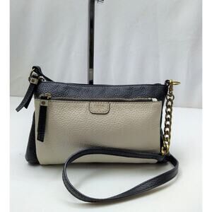 Fossil Colorblock Ivory Black Pebbled Leather Chain Strap Zipper Crossbody Bag